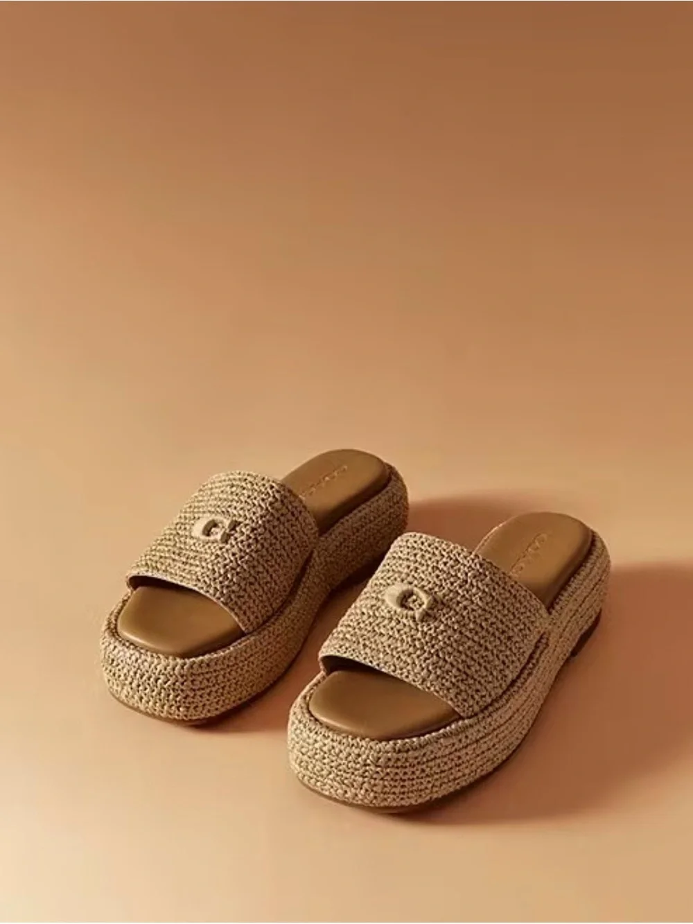 Coach Woven Platform Slide Mules in Natural Tan